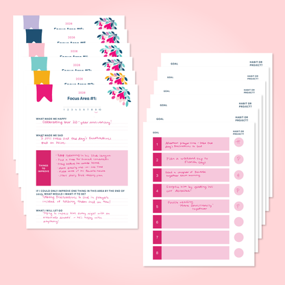 Set of focus area planning sheets with colorful design on a pink background