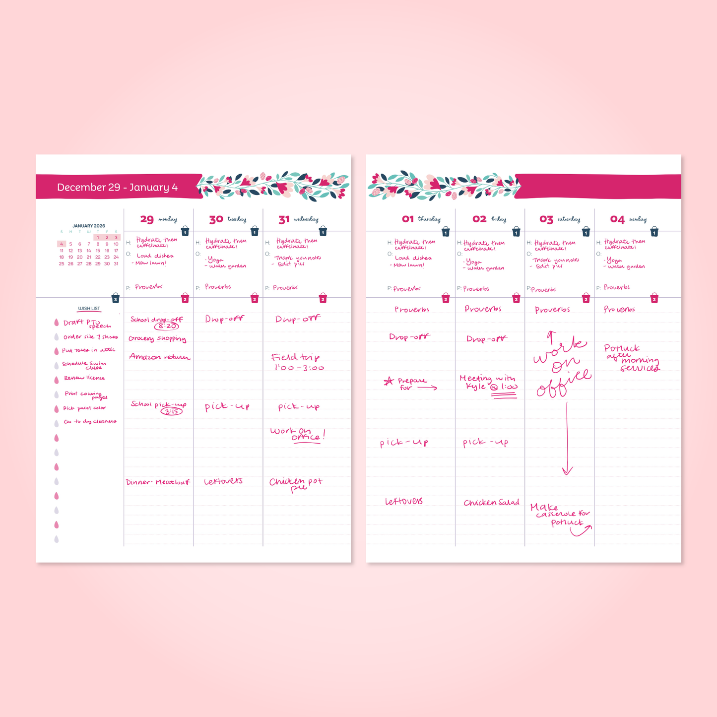 Two weekly planning sheets with handwritten notes on a pink background