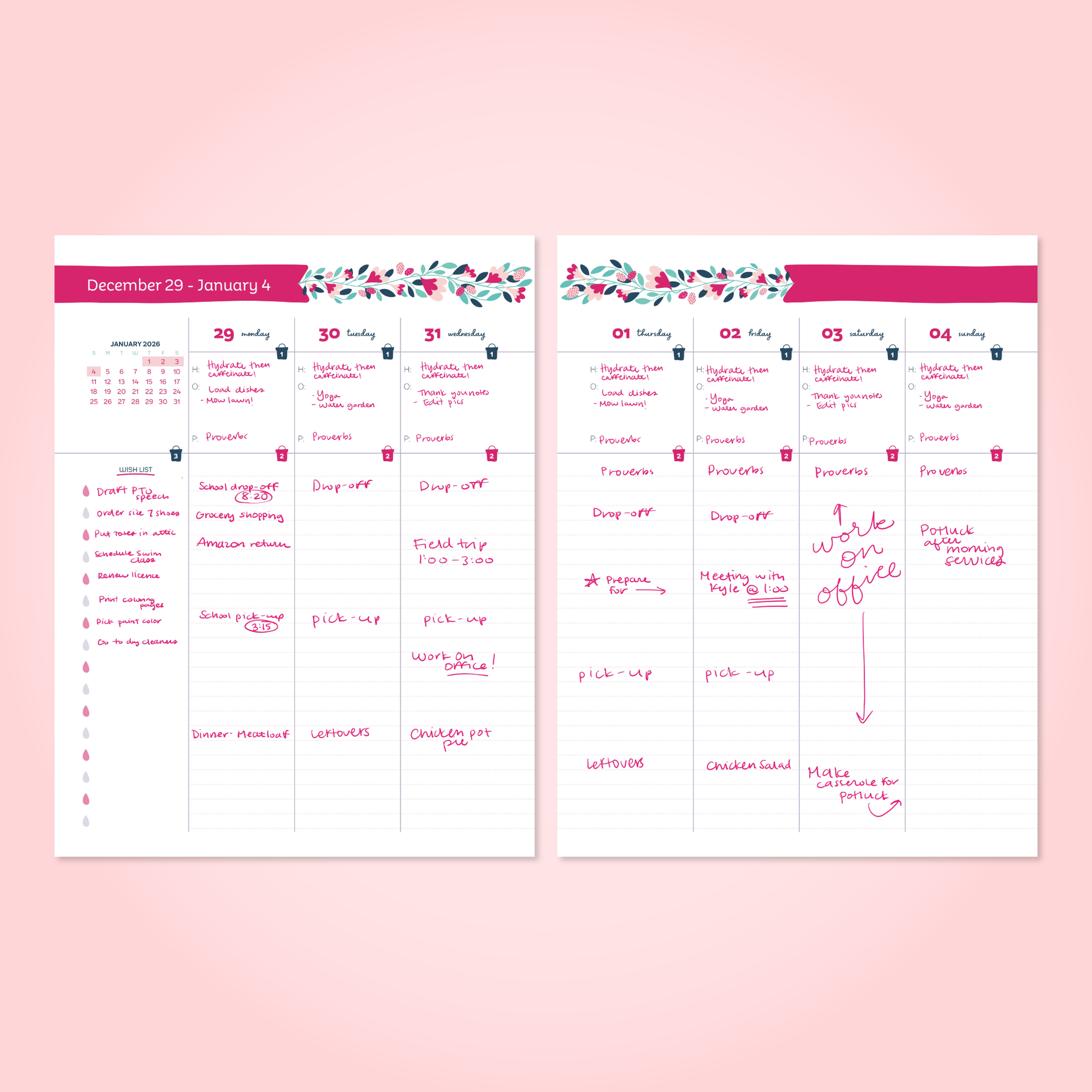 Two weekly planning sheets with handwritten notes on a pink background
