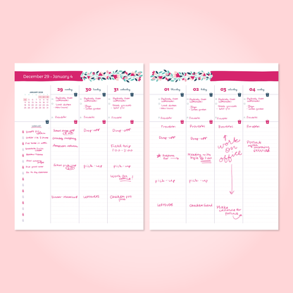 Two weekly planning sheets with handwritten notes on a pink background