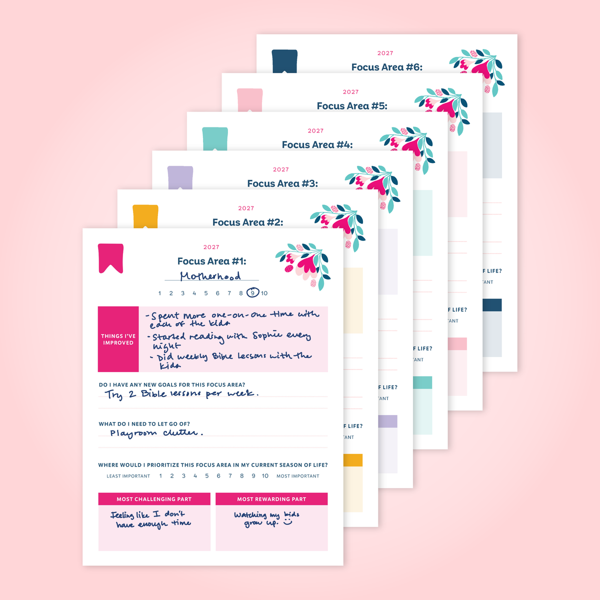 Six Focus Area pages filled out, which let you label your focus areas, rank them, list what you've improved upon, related goals, what you need to let go of, the most challenging part and most rewarding part, and more.