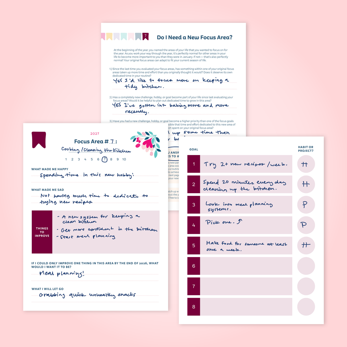 A set of pages designed to allow you reflect and add a new focus area if needed.