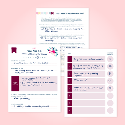A set of pages designed to allow you reflect and add a new focus area if needed.