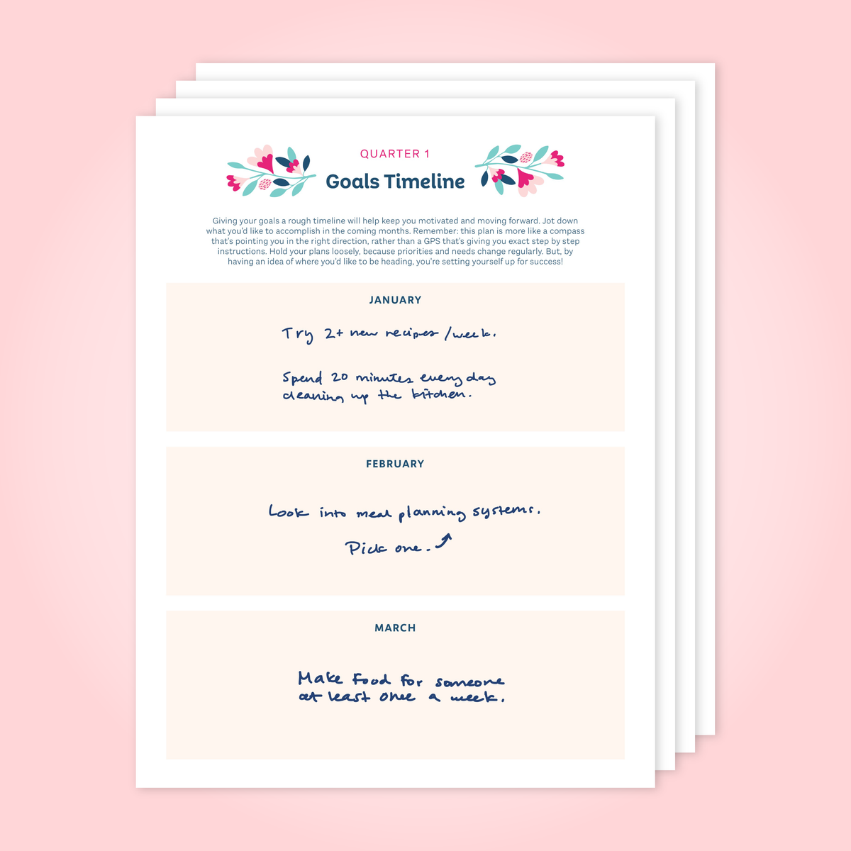 Quarterly Goals Timeline pages allow you to plan how you'll reach your goals throughout each month of the next quarter.