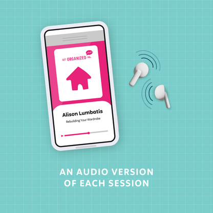 Smartphone displaying a podcast audio version of Alison Lumbatis' session playing from earbuds, representing 
an audio version of each session