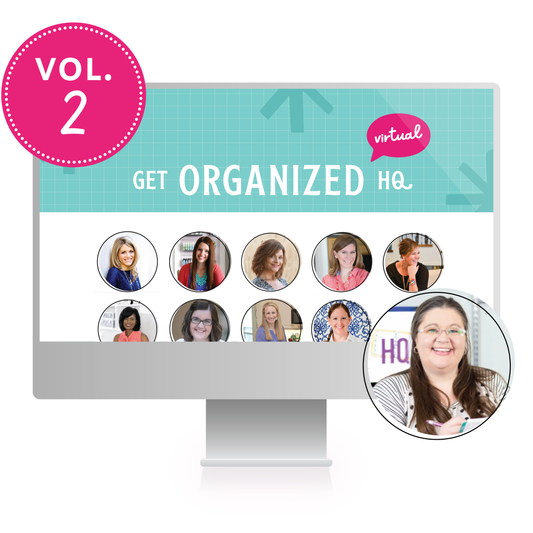 A computer mockup of Get Organized HQ Virtual Volume 2, with several speakers featured, including Nikki Boyd, Erin Chase, and Laura Smith
