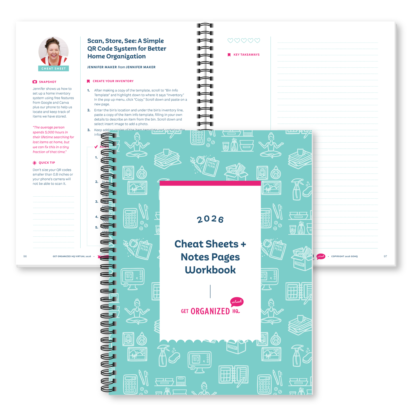 A spiral-bound workbook titled '2026 Cheat Sheets + Notes Pages Workbook' shown in front of an open notebook spread. The cover is light aqua with white line drawings pink accents, and the open pages are white with navy text and small pink highlights.