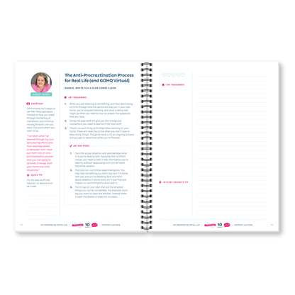 An open spiral-bound notebook showing printed pages with headings, bullet points, and the speaker's headshot. The layout is clean and centered on a white background.