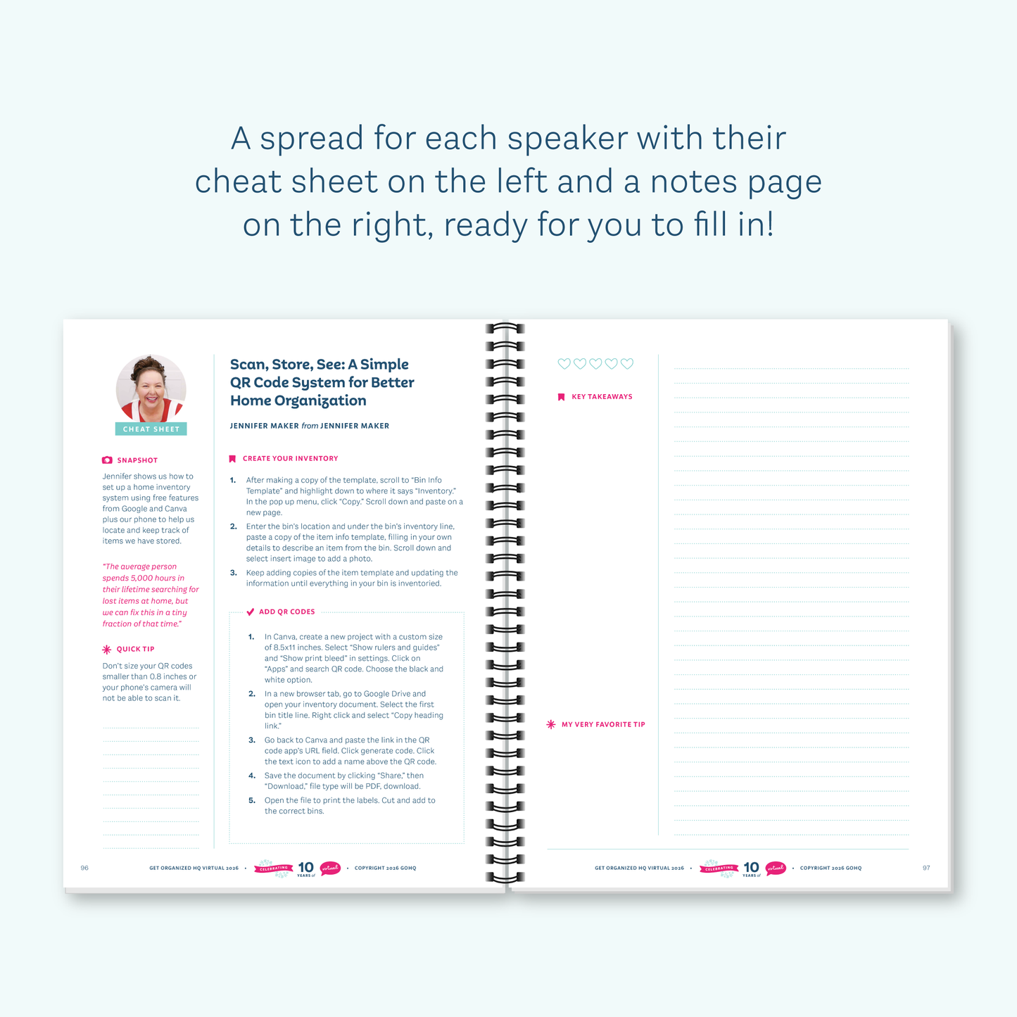 An open spiral-bound planner or notebook showing a printed guide page with text, checkboxes, and notes sections, centered on a pale blue background with 'A spread for each speaker with their cheat sheet on the left and a notes page on the right, ready for you to fill in!' at the top.