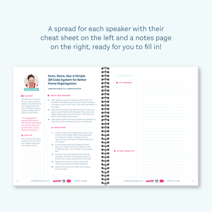 An open spiral-bound planner or notebook showing a printed guide page with text, checkboxes, and notes sections, centered on a pale blue background with 'A spread for each speaker with their cheat sheet on the left and a notes page on the right, ready for you to fill in!' at the top.