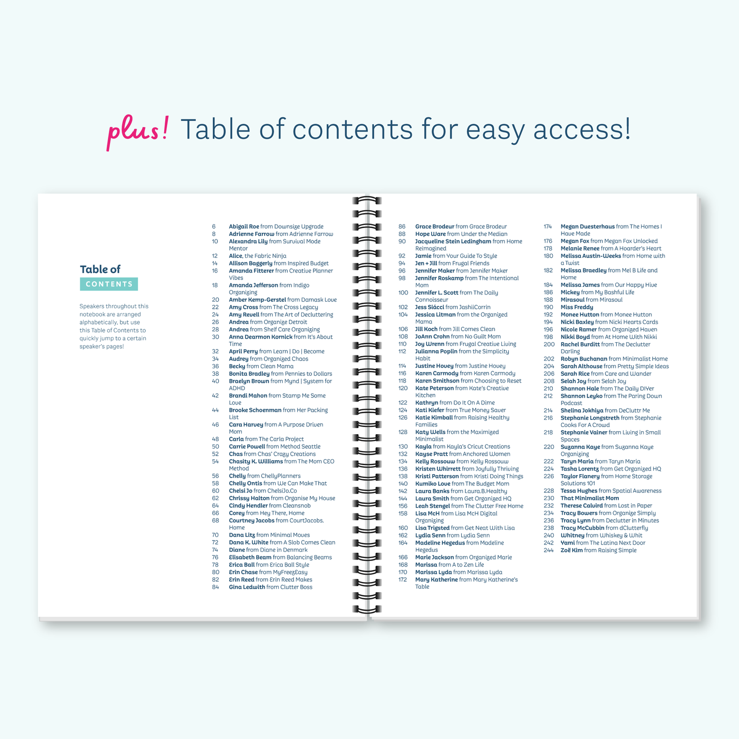 An open spiral-bound workbook on a pale blue background, showing a table of contents with navy text. Above the workbook pink and blue text reads 'plus! Table of contents for easy access!'.