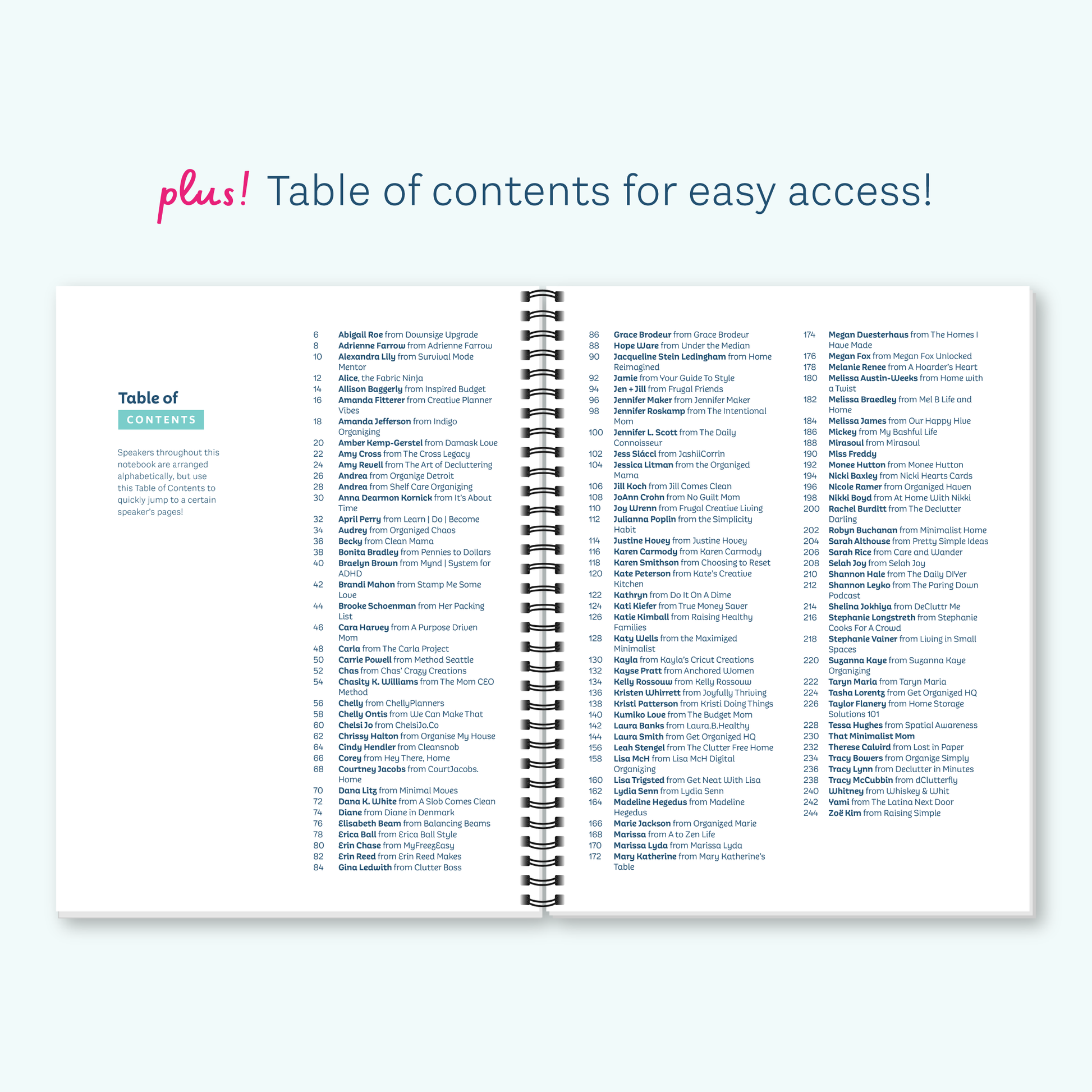 An open spiral-bound workbook on a pale blue background, showing a table of contents with navy text. Above the workbook pink and blue text reads 'plus! Table of contents for easy access!'.