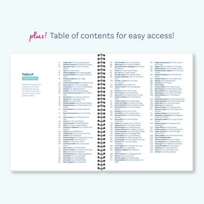 An open spiral-bound workbook on a pale blue background, showing a table of contents with navy text. Above the workbook pink and blue text reads 'plus! Table of contents for easy access!'.