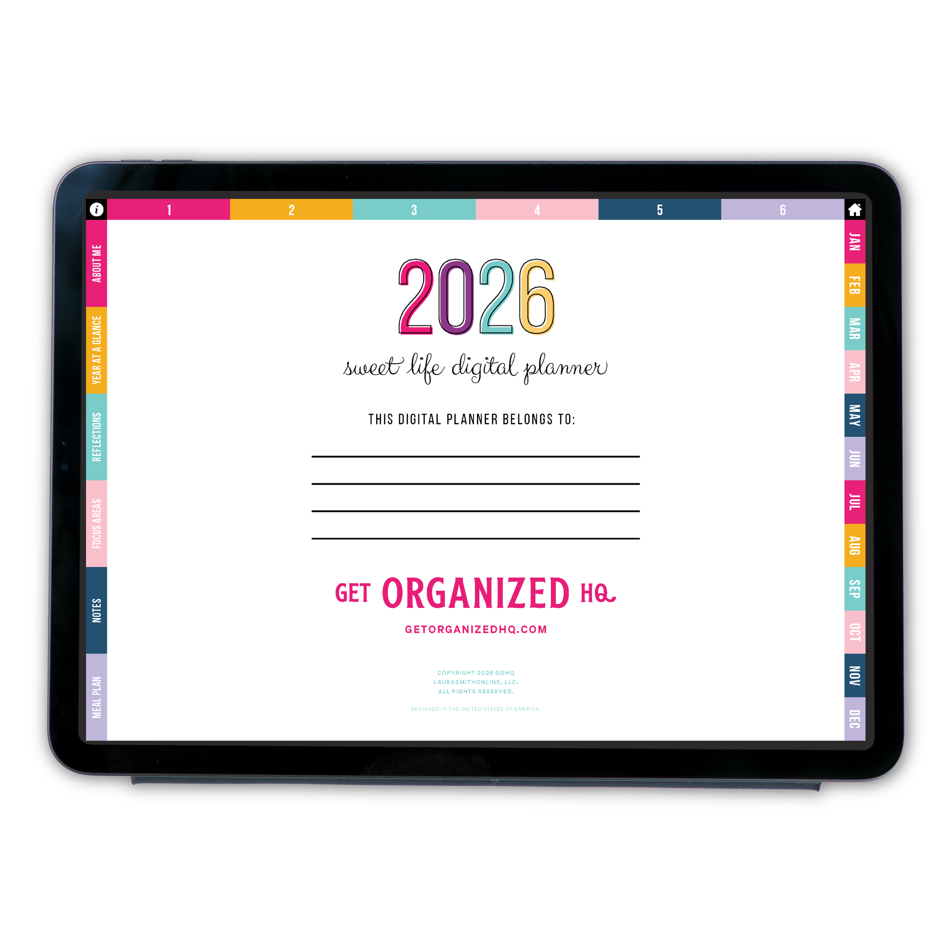 Digital planner interface on a tablet with colorful tabs and '2026 Sweet Life Digital Planner' text.