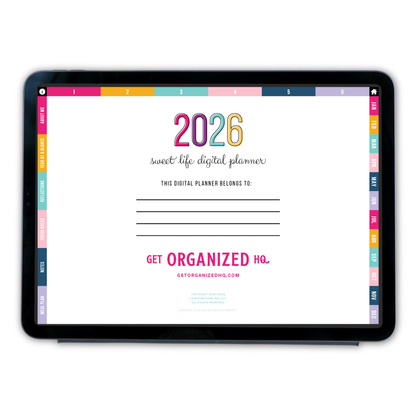 Digital planner interface on a tablet with colorful tabs and '2026 Sweet Life Digital Planner' text.