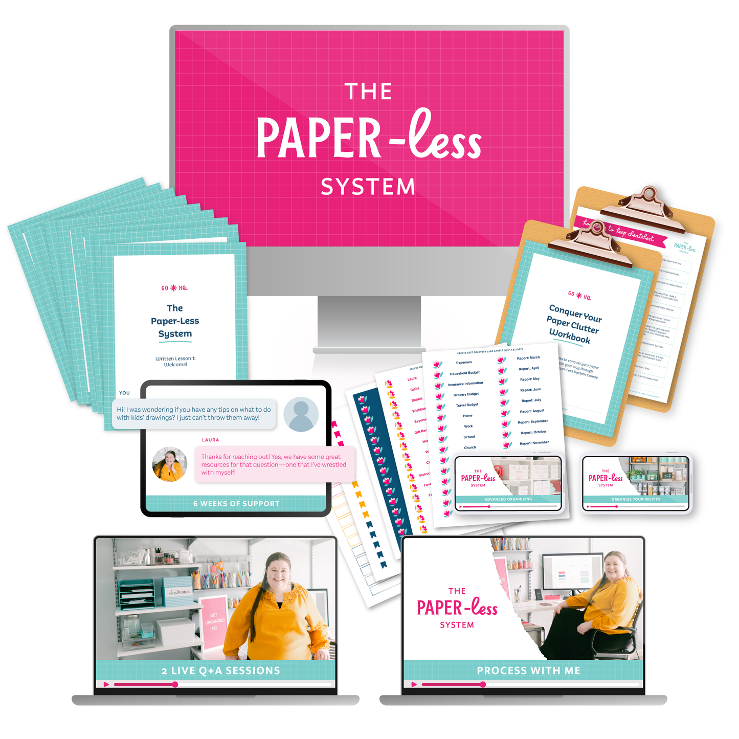 A mockup of everything included in The Paper-Less System, including printables, videos, and online support.