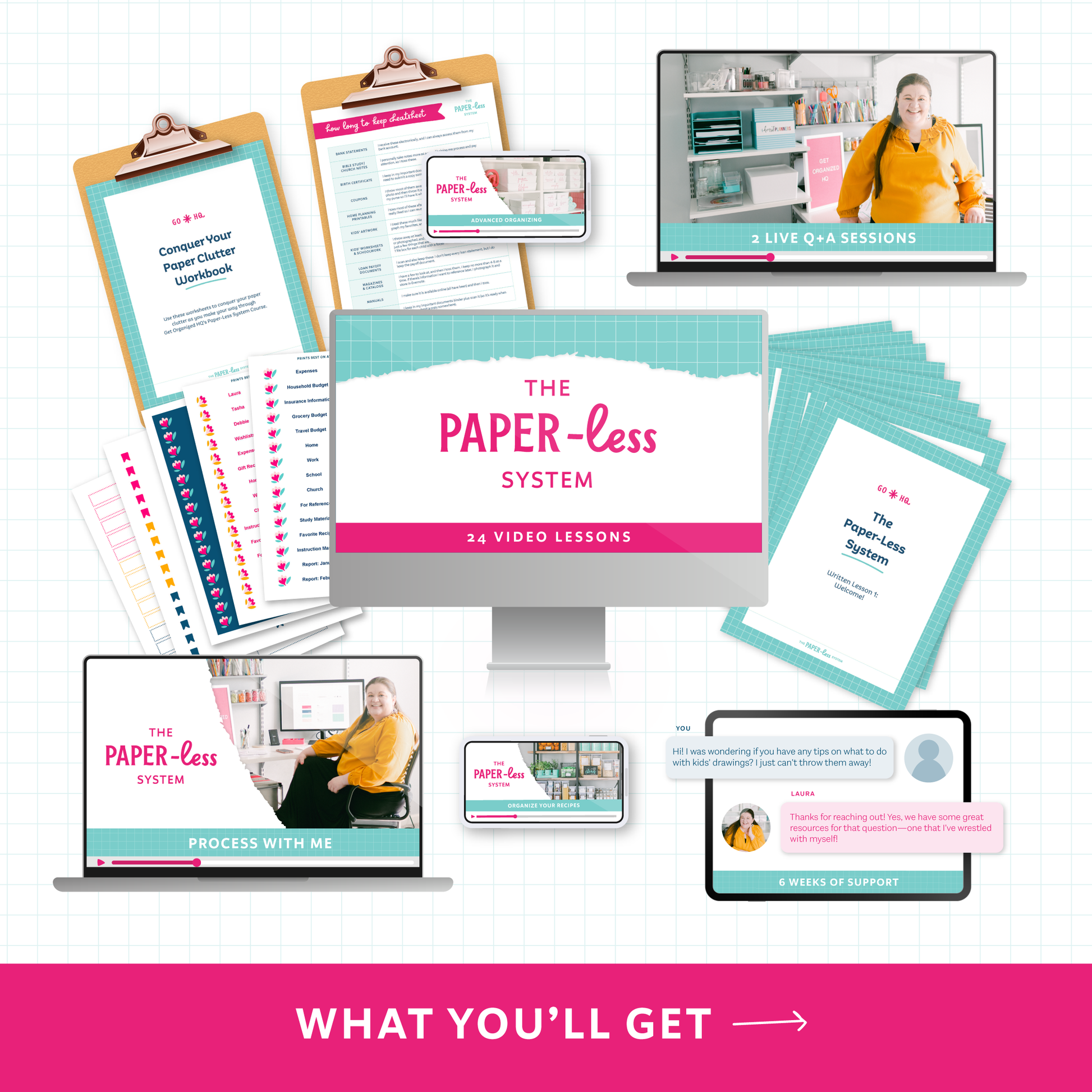 A mockup of everything included in The Paper-Less System, including printables, videos, and online support. Text that says 'what you'll get' with an arrow pointing to the next listing image