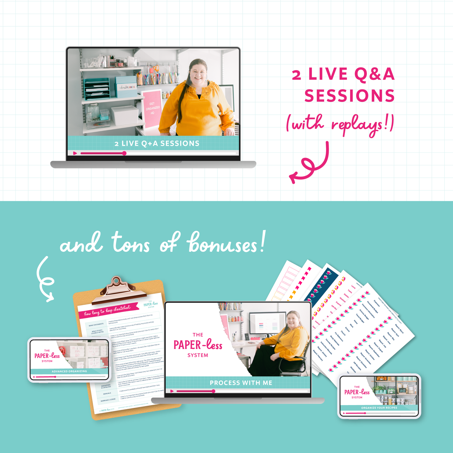 2 Live Q + A sessions with replays, and tons of bonuses (including printable labels, a ' How Long to Keep' Cheatsheet, and 'Organize Your Recipes', 'Advanced Organizing' , and 'Process With Me' videos