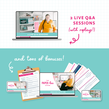 2 Live Q + A sessions with replays, and tons of bonuses (including printable labels, a ' How Long to Keep' Cheatsheet, and 'Organize Your Recipes', 'Advanced Organizing' , and 'Process With Me' videos