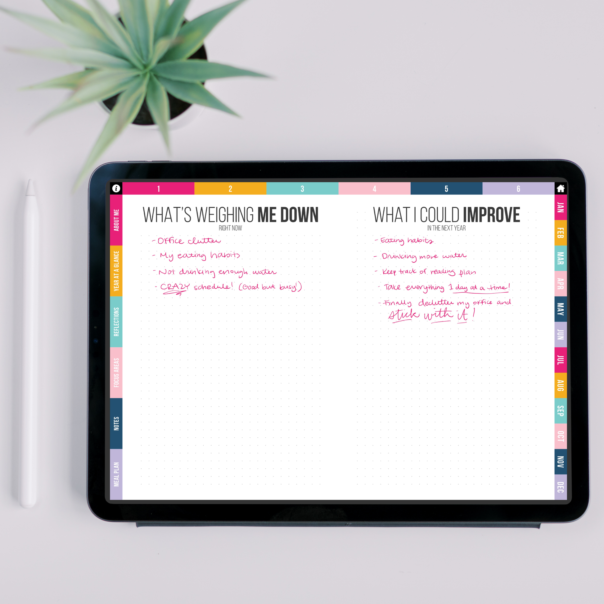 Digital tablet displaying "whats weighing me down" and "what I could improve" sections