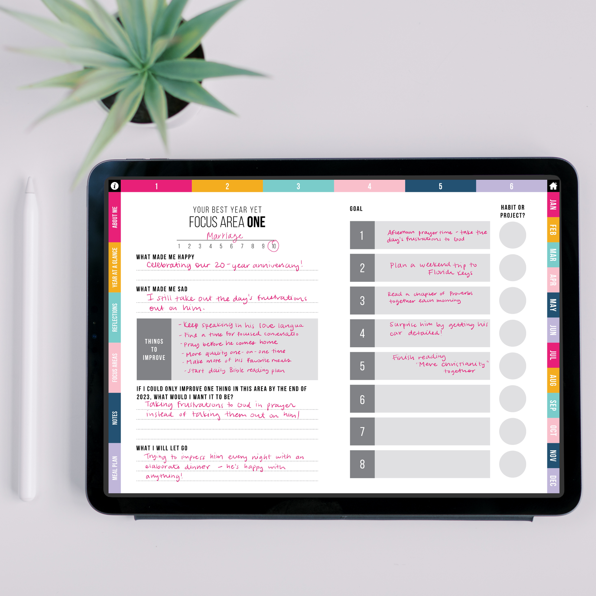 Focus Area page on a tablet with a plant in the background