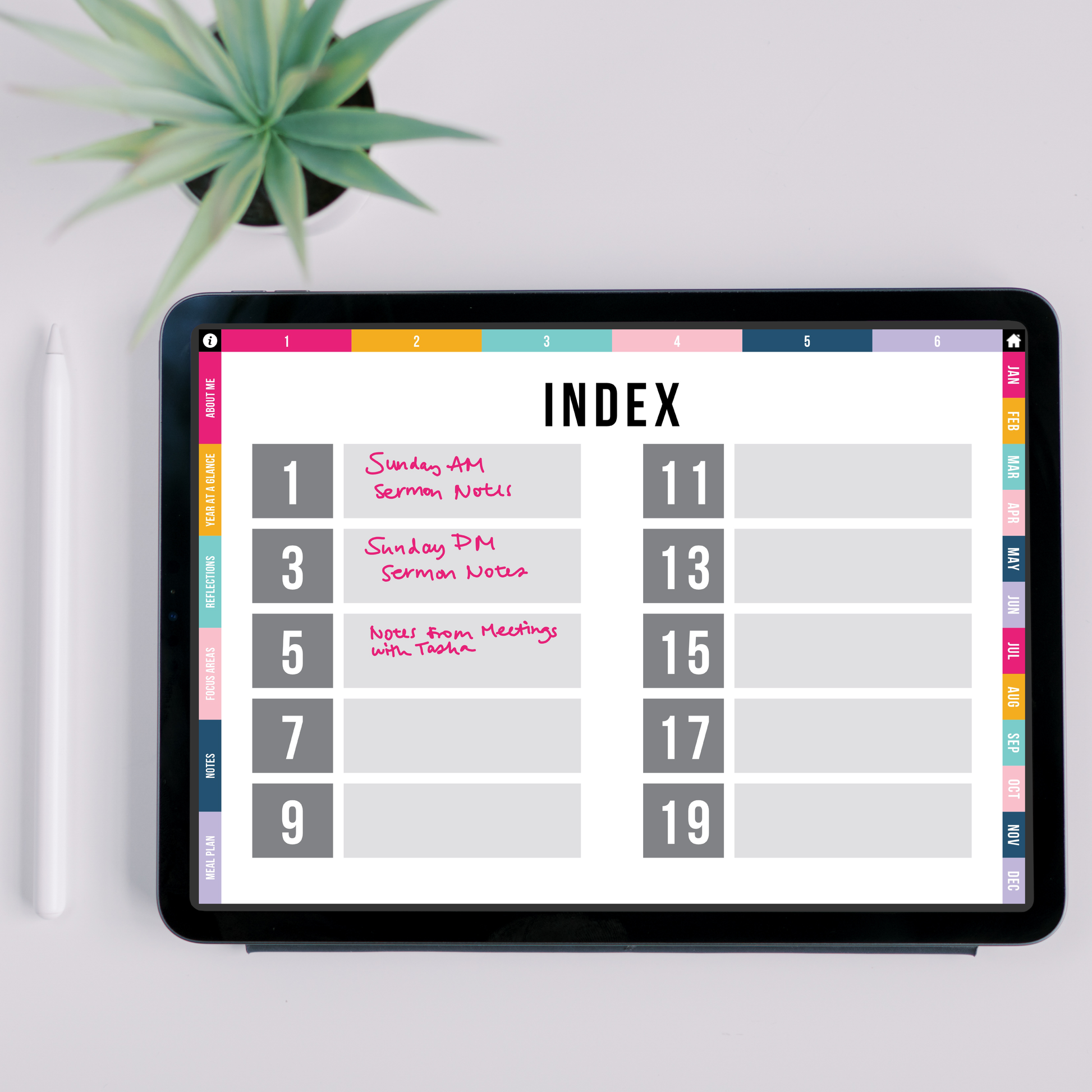 Index page on a tablet