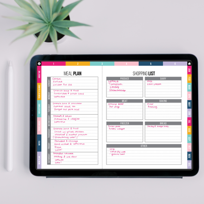 Digital planner app on a tablet with meal plan and shopping list sections.