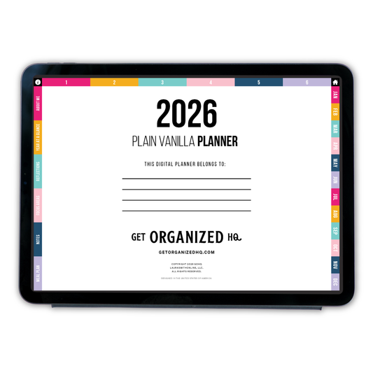 Digital planner interface with 'Plain Vanilla Planner' branding on a tablet screen.